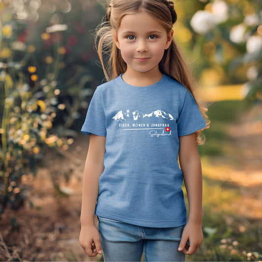 Heather blue toddler t-shirt featuring Eiger, Mรถnch & Jungfrau mountain design.