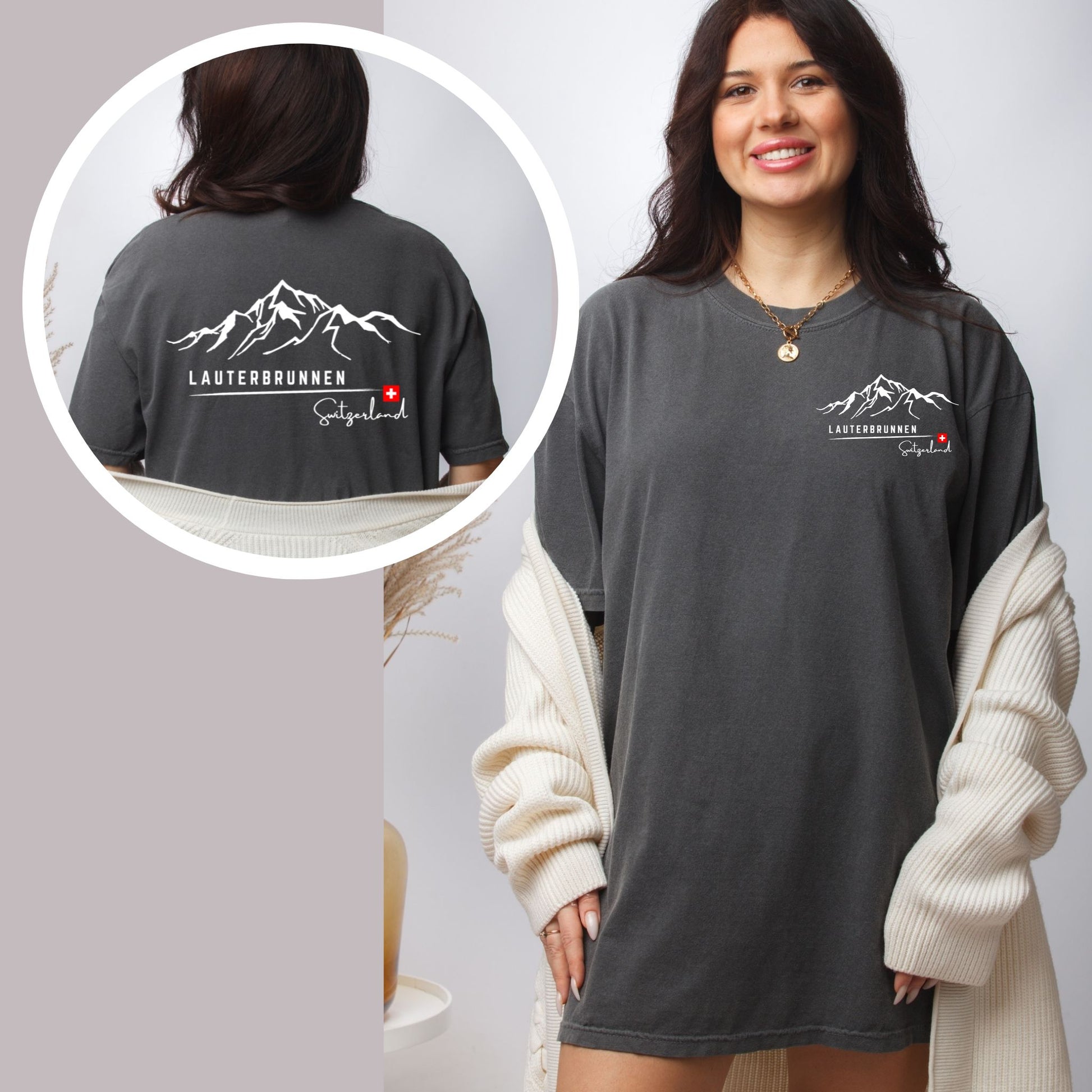 Lauterbrunnen Switzerland t-shirt with mountain badge and Swiss flag design