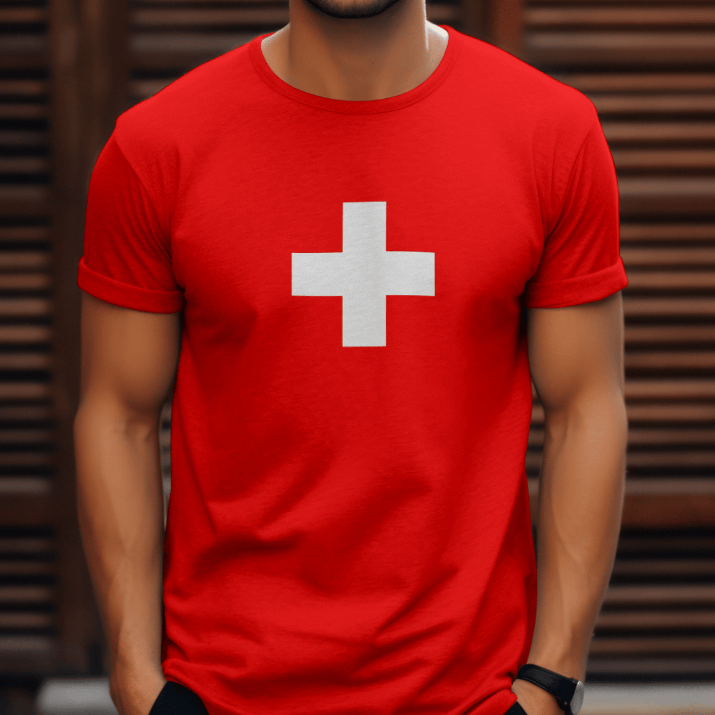 Man proudly wearing a red Swiss Flag T-Shirt with a bold white cross, ideal for Swiss National Day, sports events, and expressing Swiss pride.