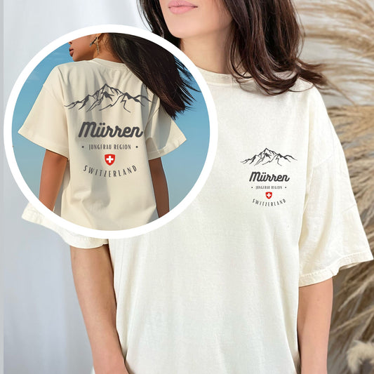 Mürren Switzerland t-shirt featuring mountain badge and Swiss flag design