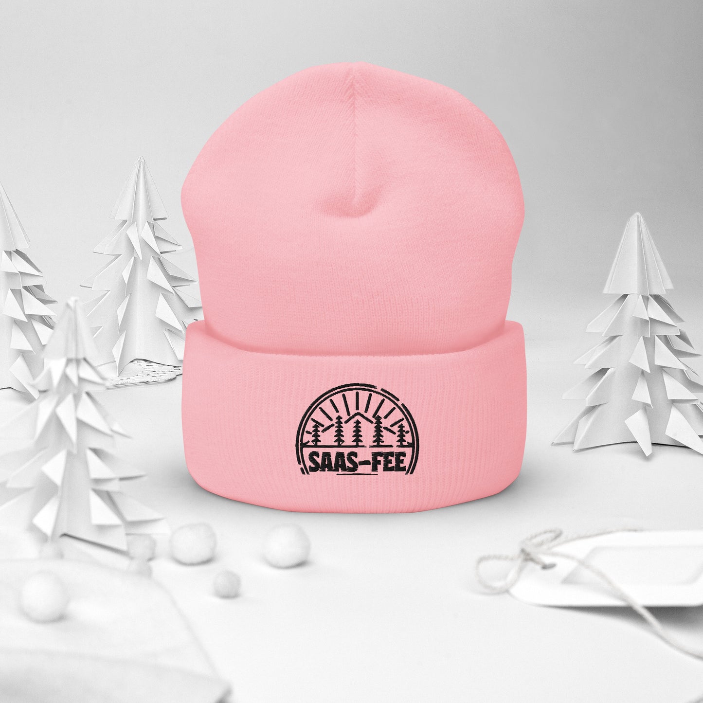 🗻 Saas-Fee Switzerland Embroidered Beanie – Cozy & Stylish Winter Hat ❄️ Available in White, Gray & Pink 🎨