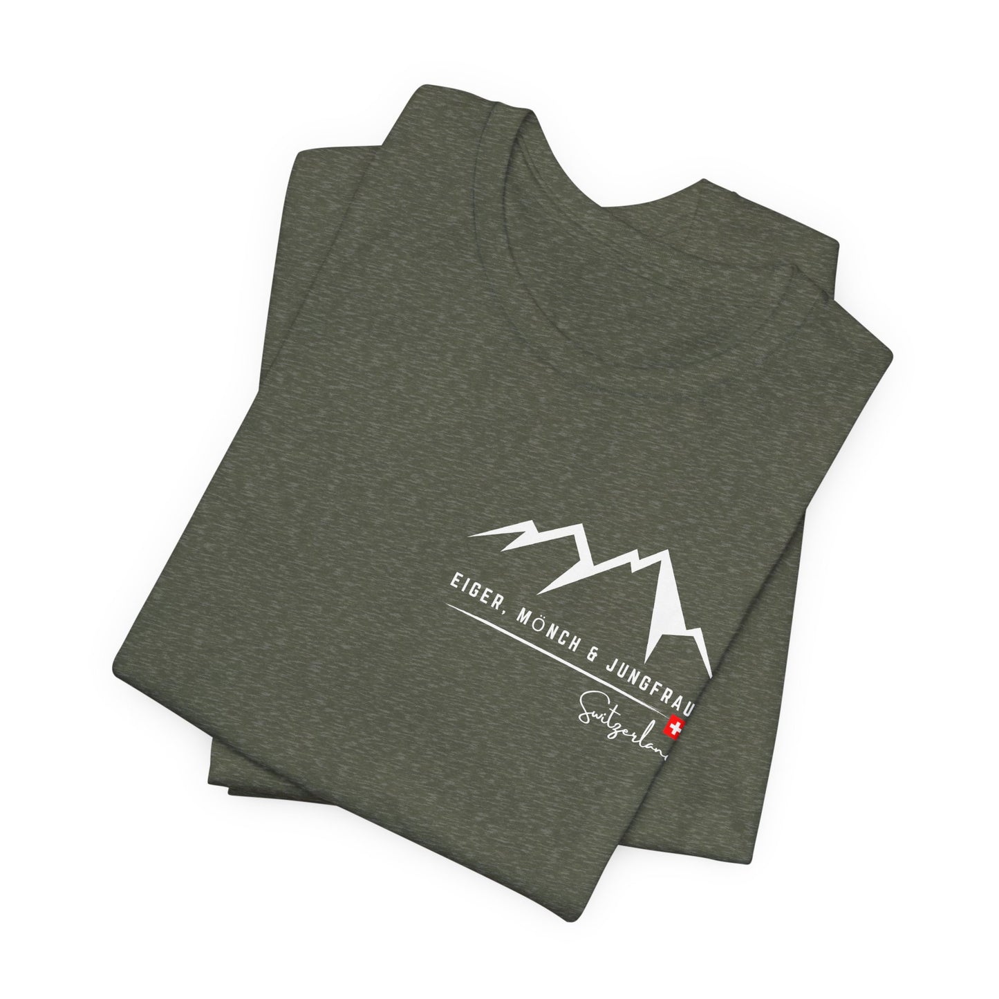 Swiss Alps adventure tee featuring mountain peaks HEather Military Green