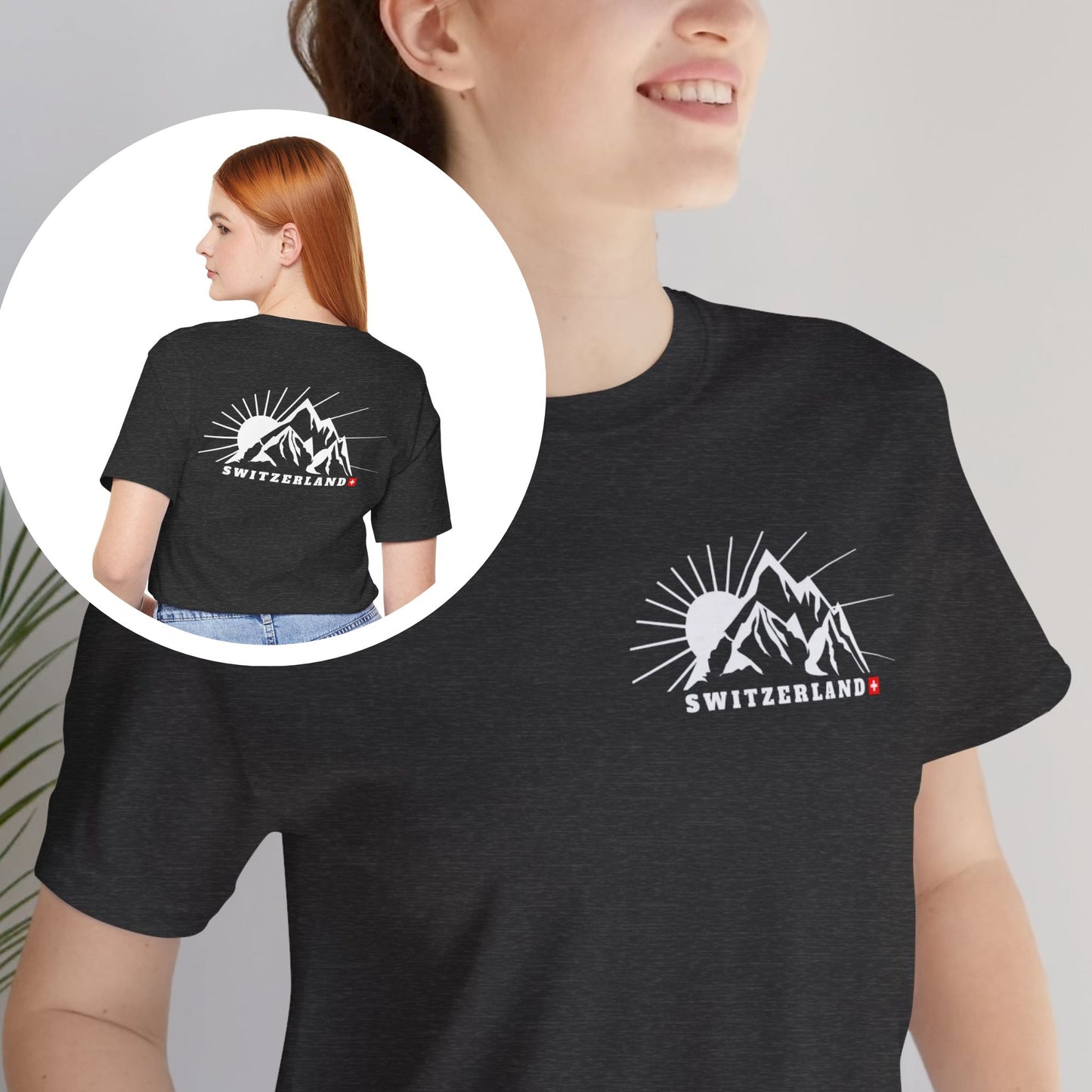 Switzerland-themed t-shirt with a minimalist mountain graphic and Swiss flag details, front and back prints. Dark gray heather
