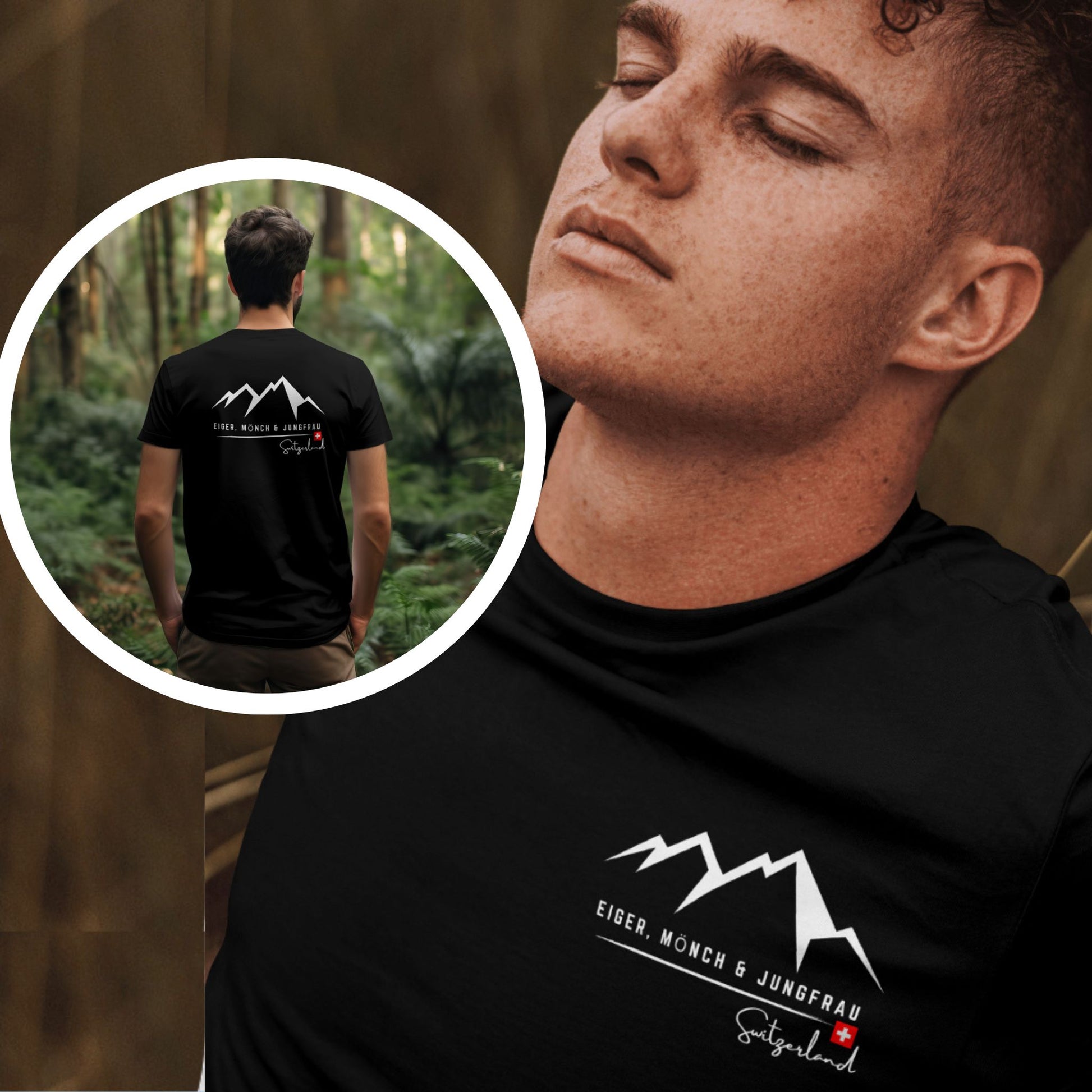 Close-up of Eiger, Mönch & Jungfrau Mountain T-Shirt with pocket design