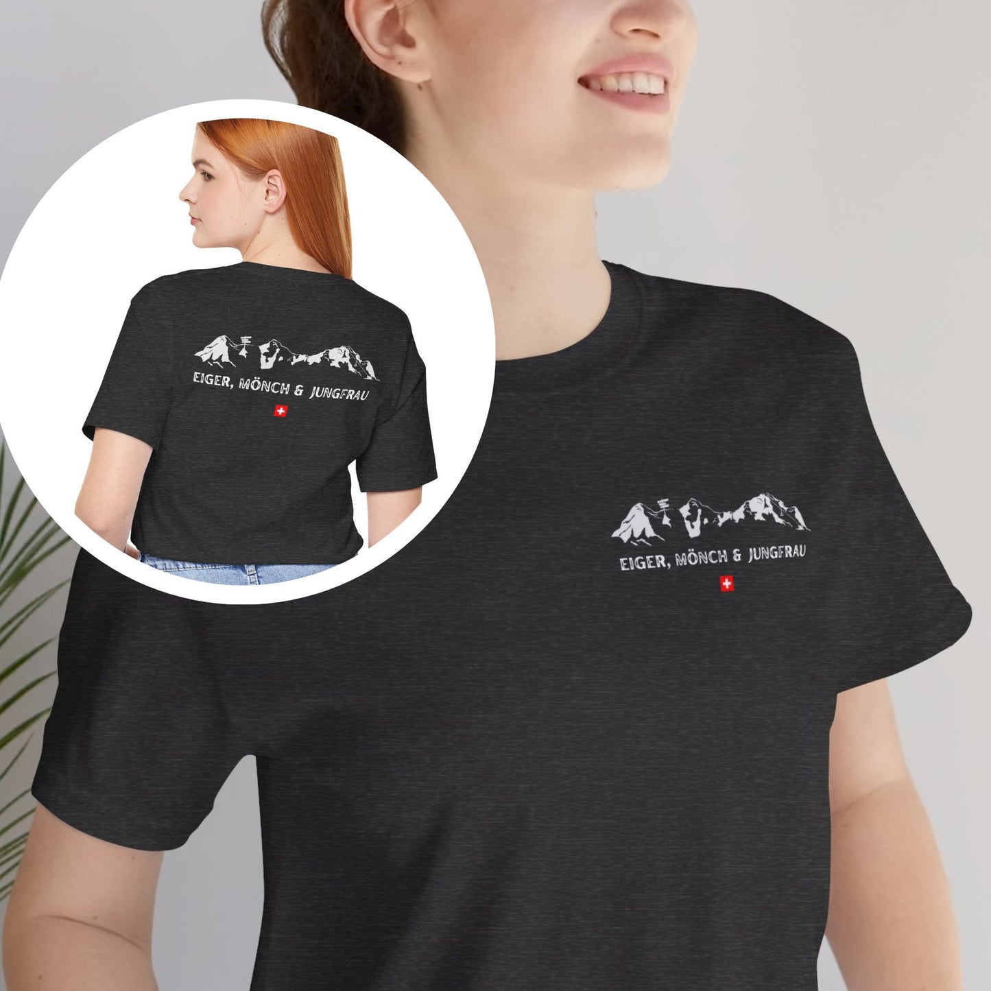 Close-up of a dark gray heather unisex t-shirt with Eiger Mönch Jungfrau mountain range pocket design.