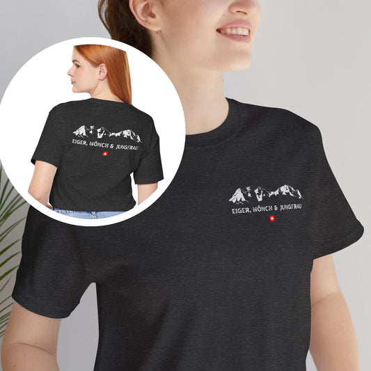Close-up of a dark gray heather unisex t-shirt with Eiger Mönch Jungfrau mountain range pocket design.
