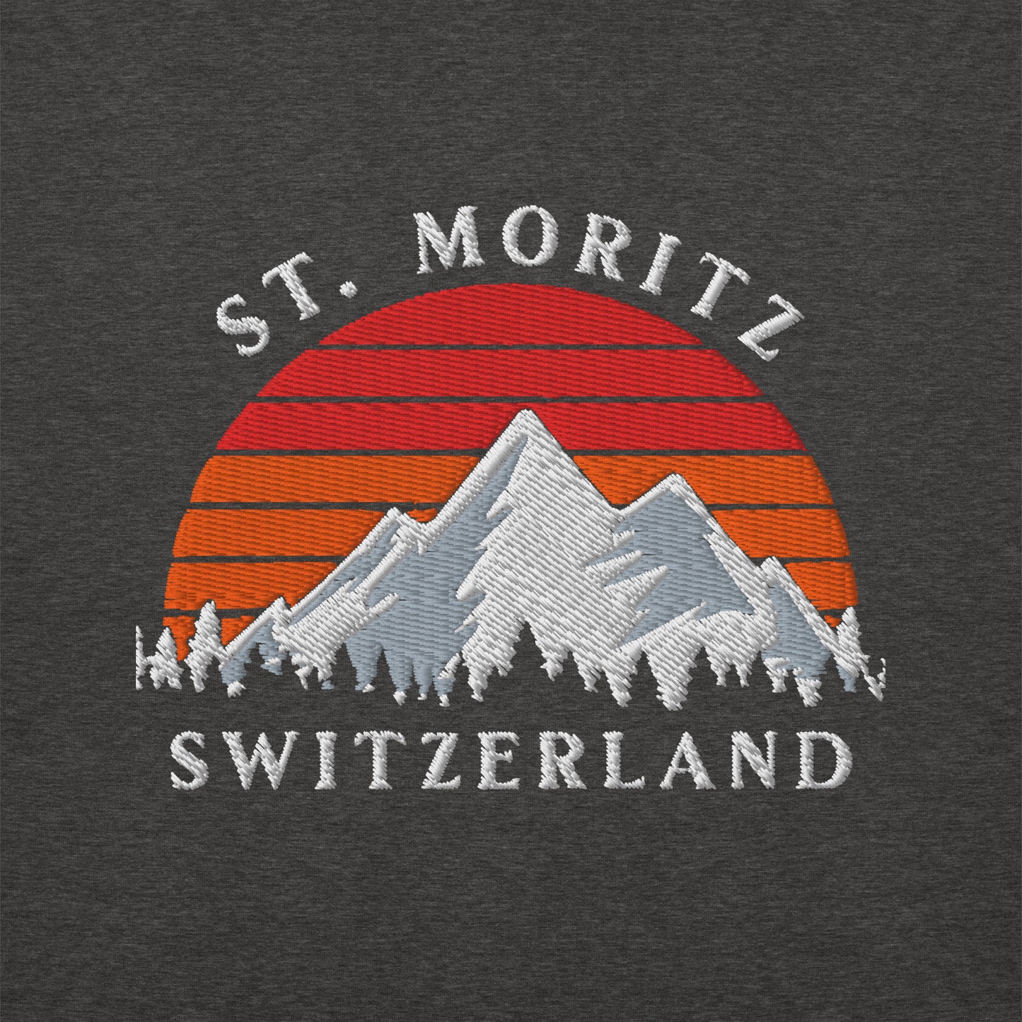Stylish St. Moritz Switzerland sweatshirt with cozy fabric and vibrant retro embroidery.