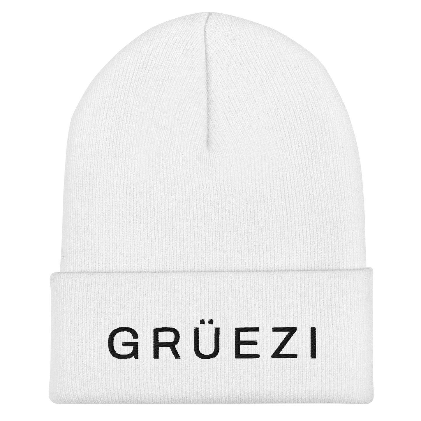 Close-up of GRÜEZI embroidery on a classic white beanie for men and women
