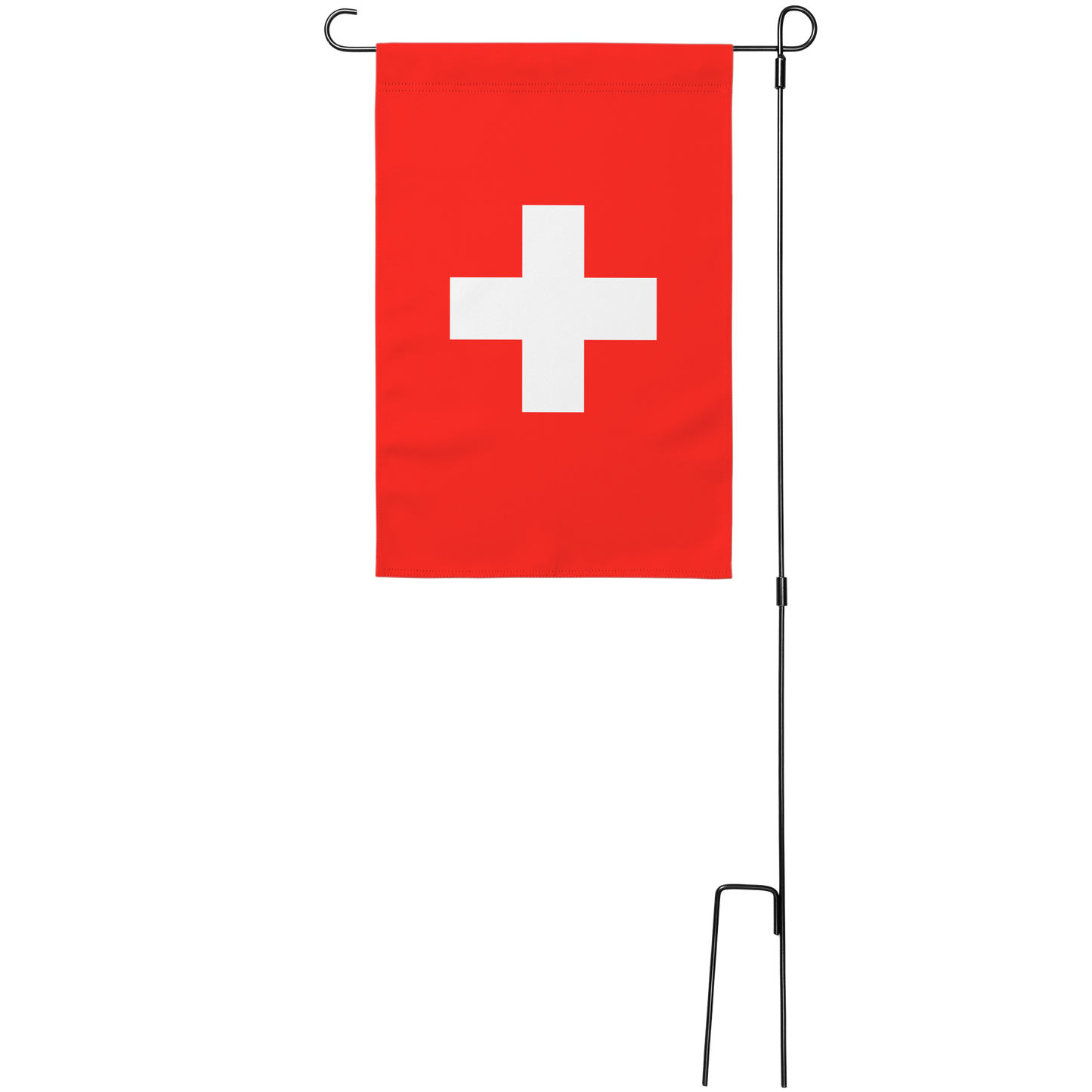 Switzerland patriotic garden flag on stand – Swiss cross design, weather-resistant polyester, ready to display