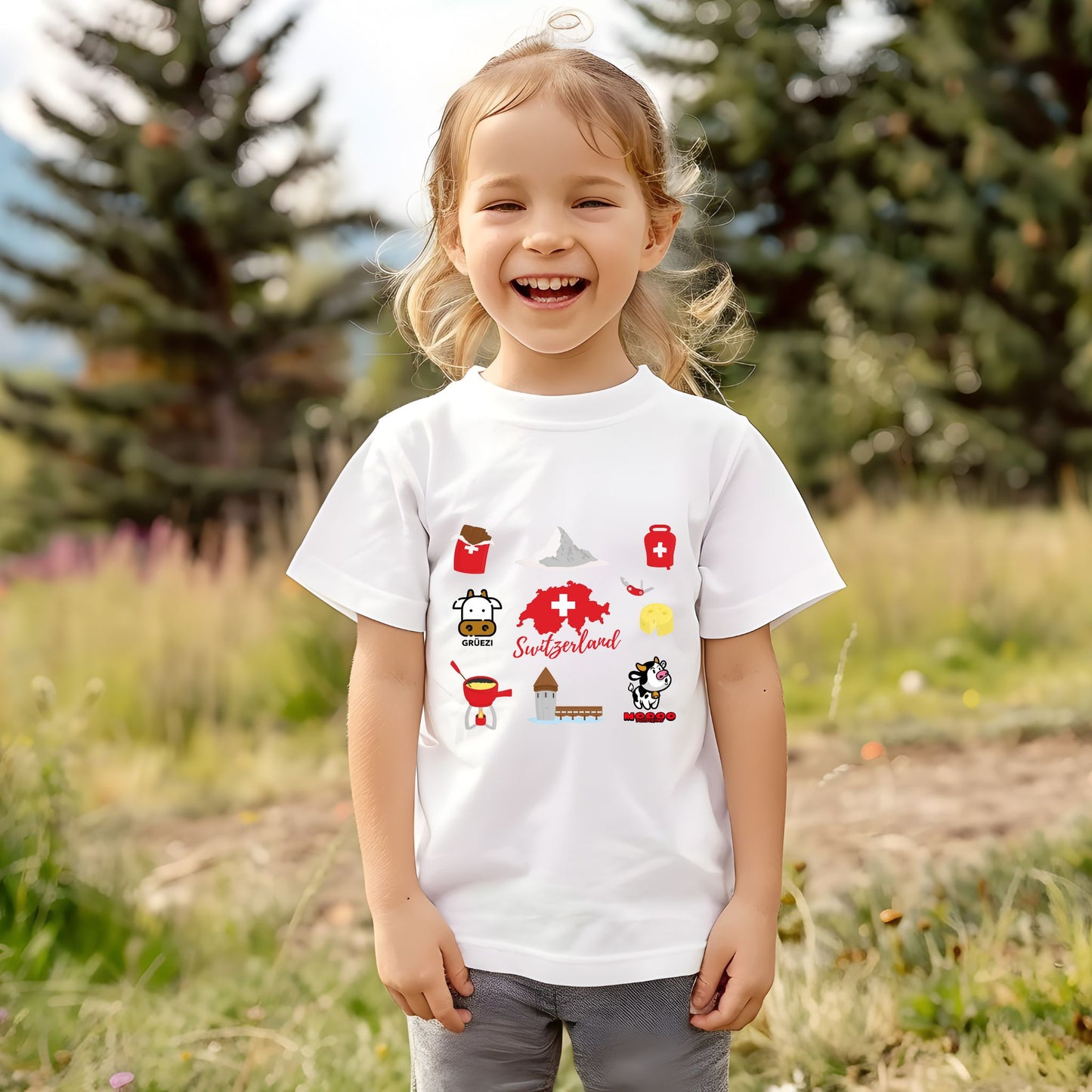 Toddler wearing Switzerland icons t-shirt in white featuring Matterhorn, cheese, and chocolate illustrations