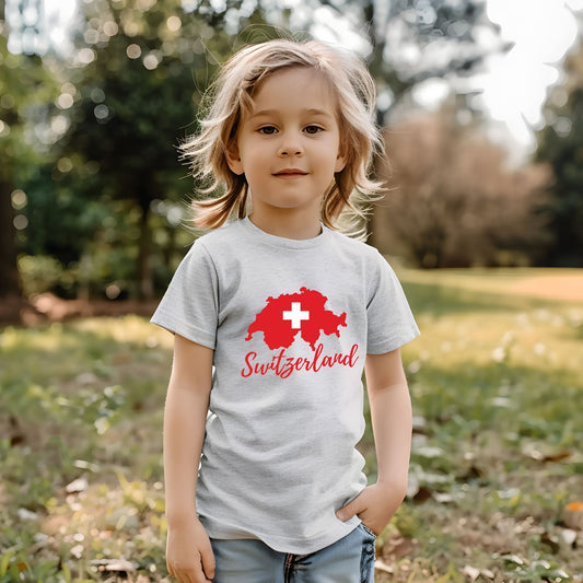 Toddler wearing a Switzerland map t-shirt with a Swiss flag design