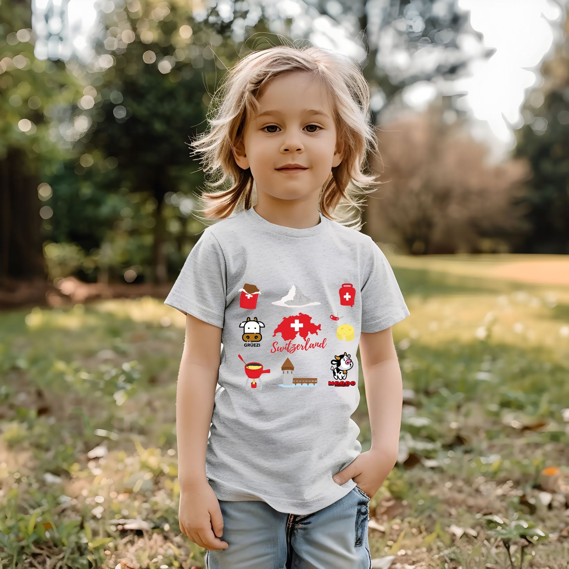 Close-up of Swiss travel-themed toddler tee with cows, fondue, and cowbells design on athletic gray