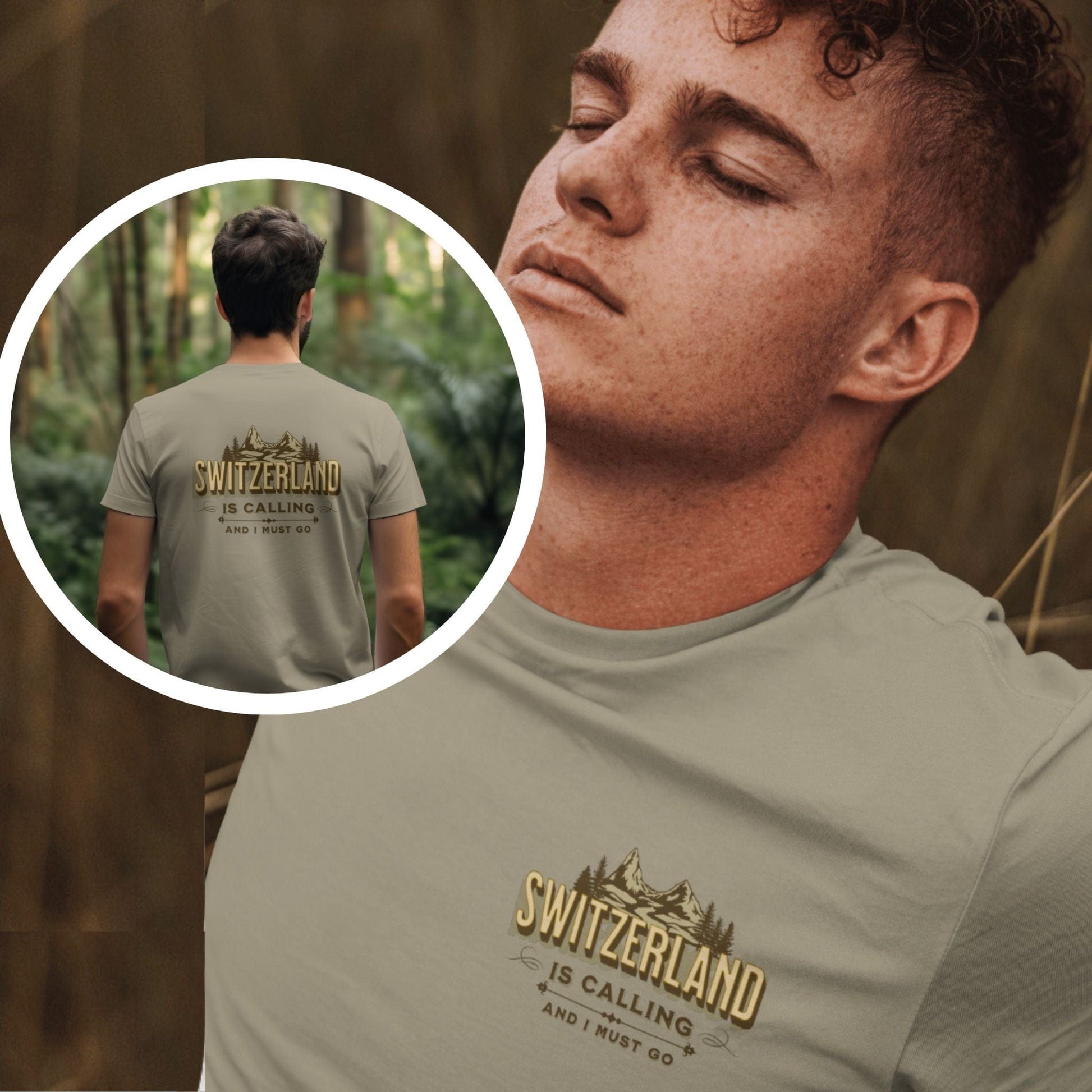 Switzerland Is Calling and I Must Go" pocket design t-shirt with Swiss mountain scene, ideal for adventure and Swiss culture fans.