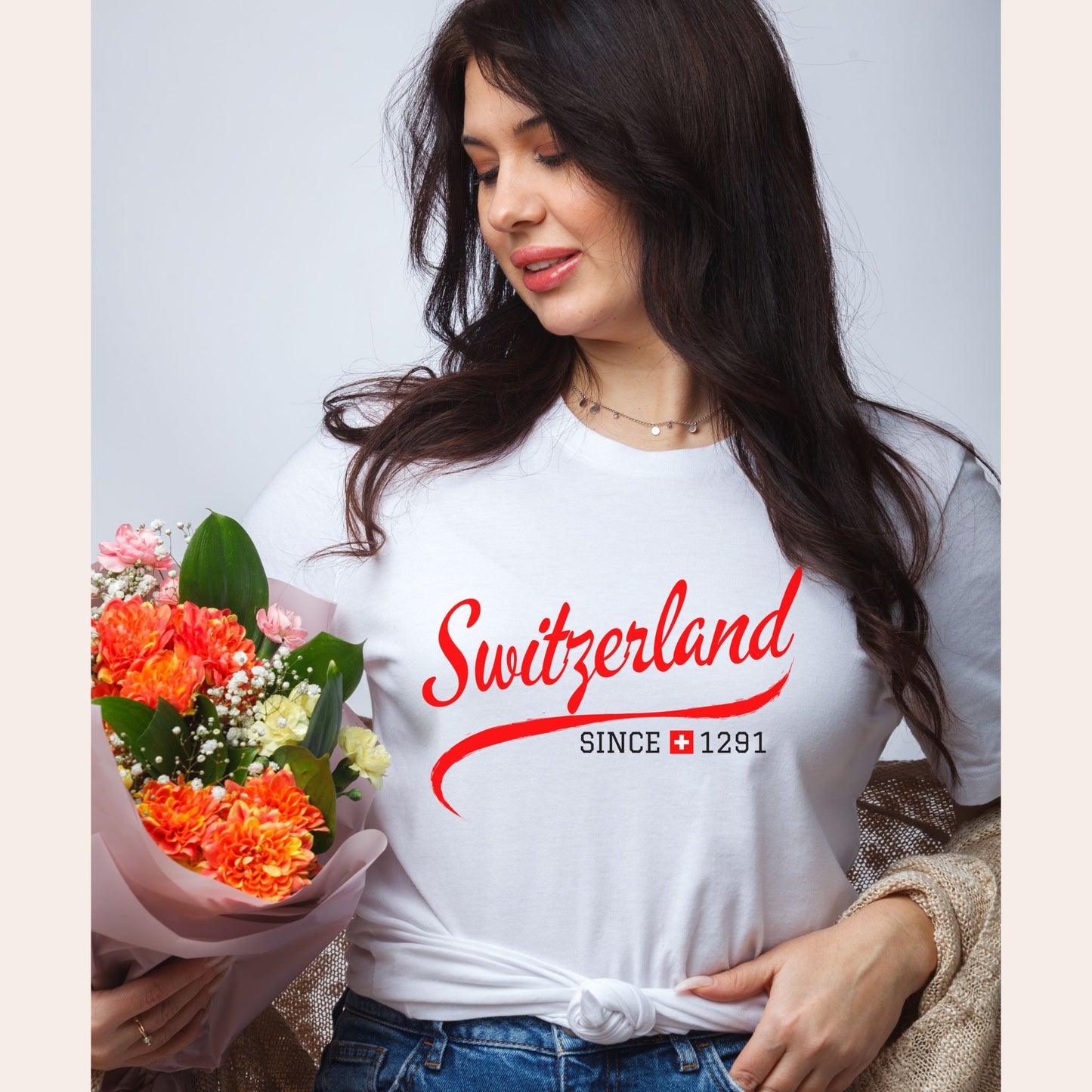 White "Switzerland Since 1291" T-shirt with red text