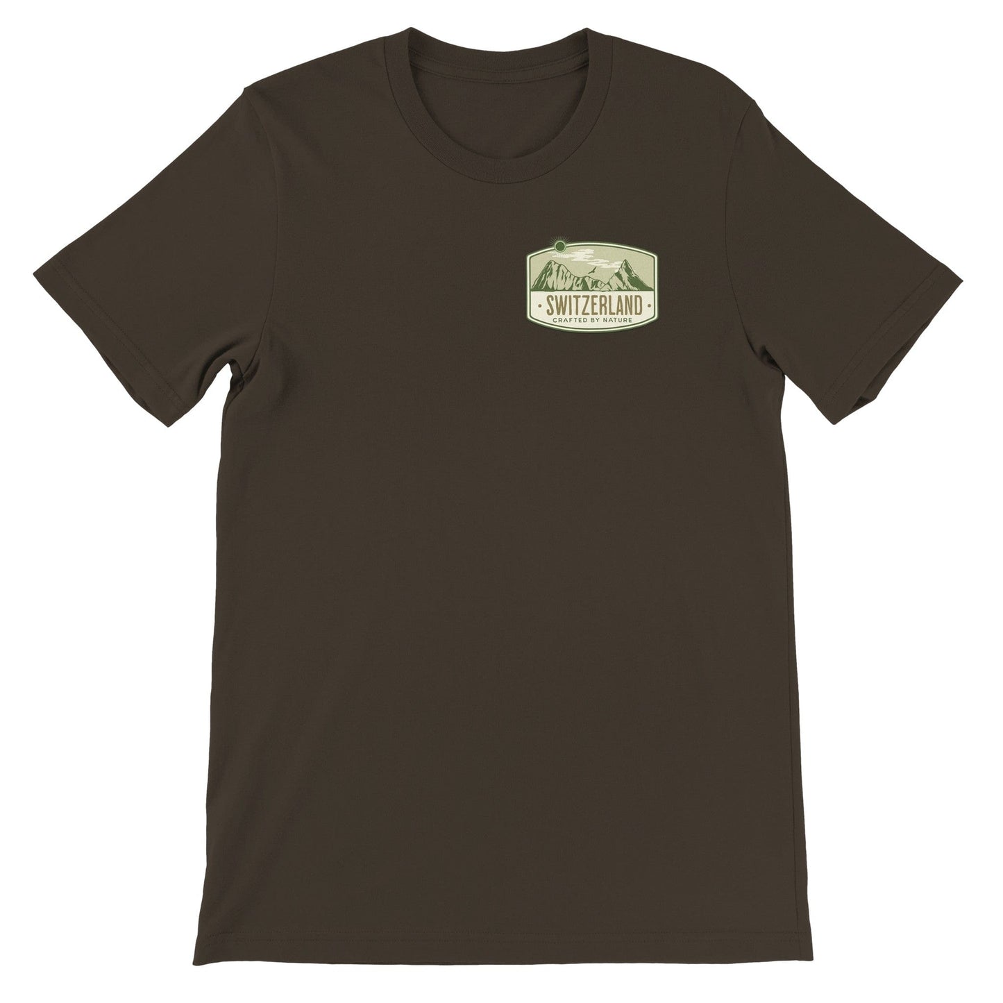 front of brown tee featuring Switzerland landscape design and eco-friendly message.