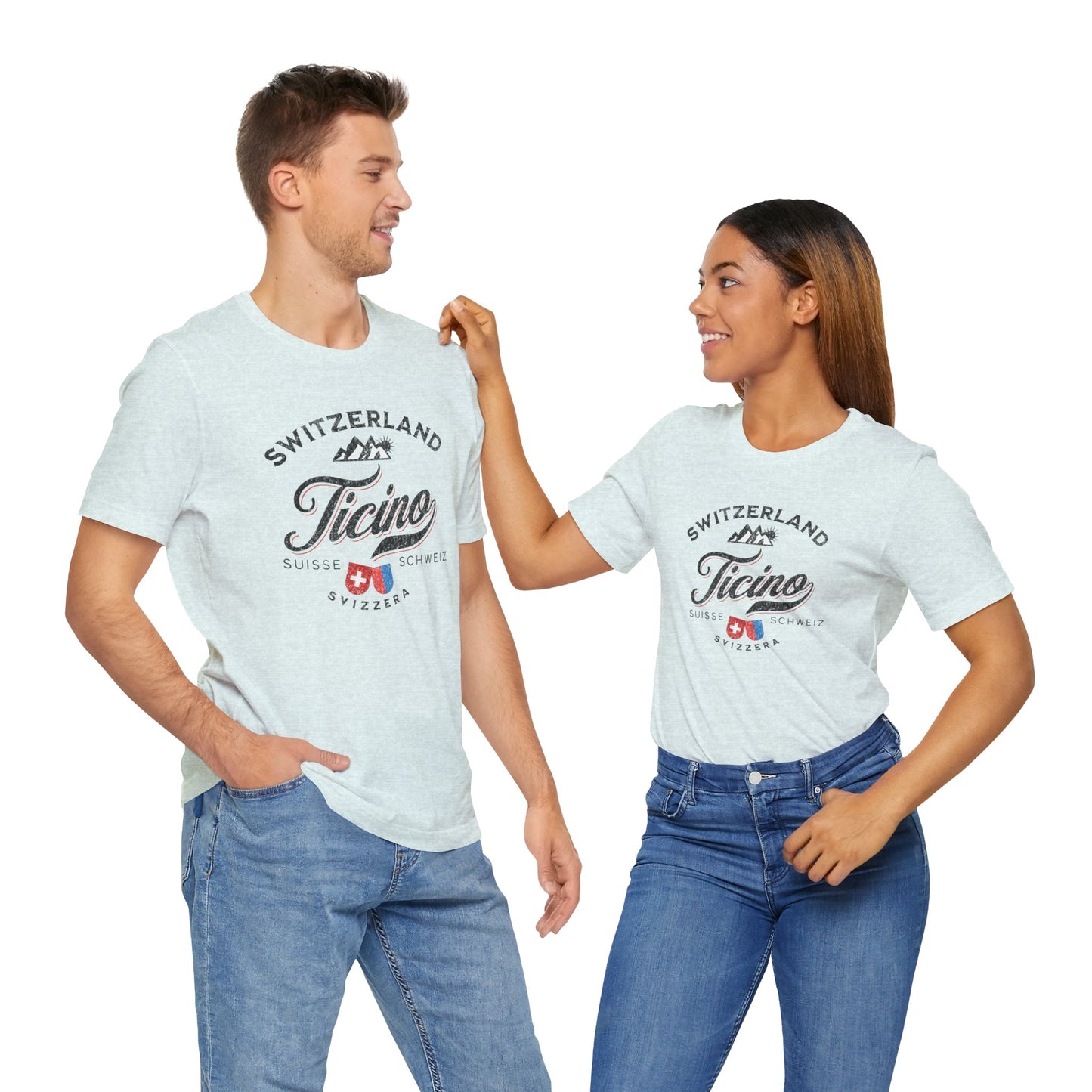 Casual Swiss travel tee featuring Ticino lettering and Swiss flag