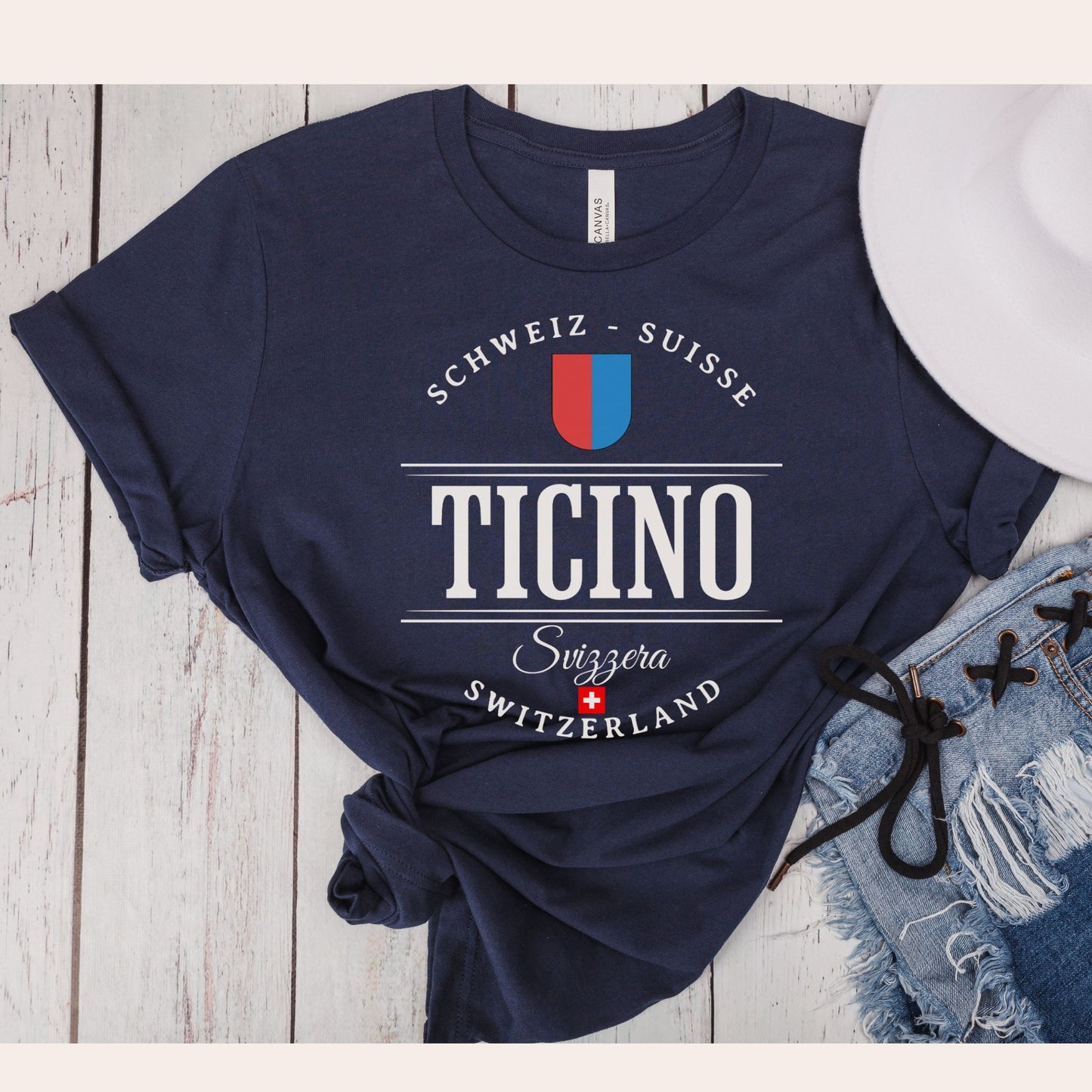 Ticino Switzerland T-shirt with Swiss emblem and text design navy