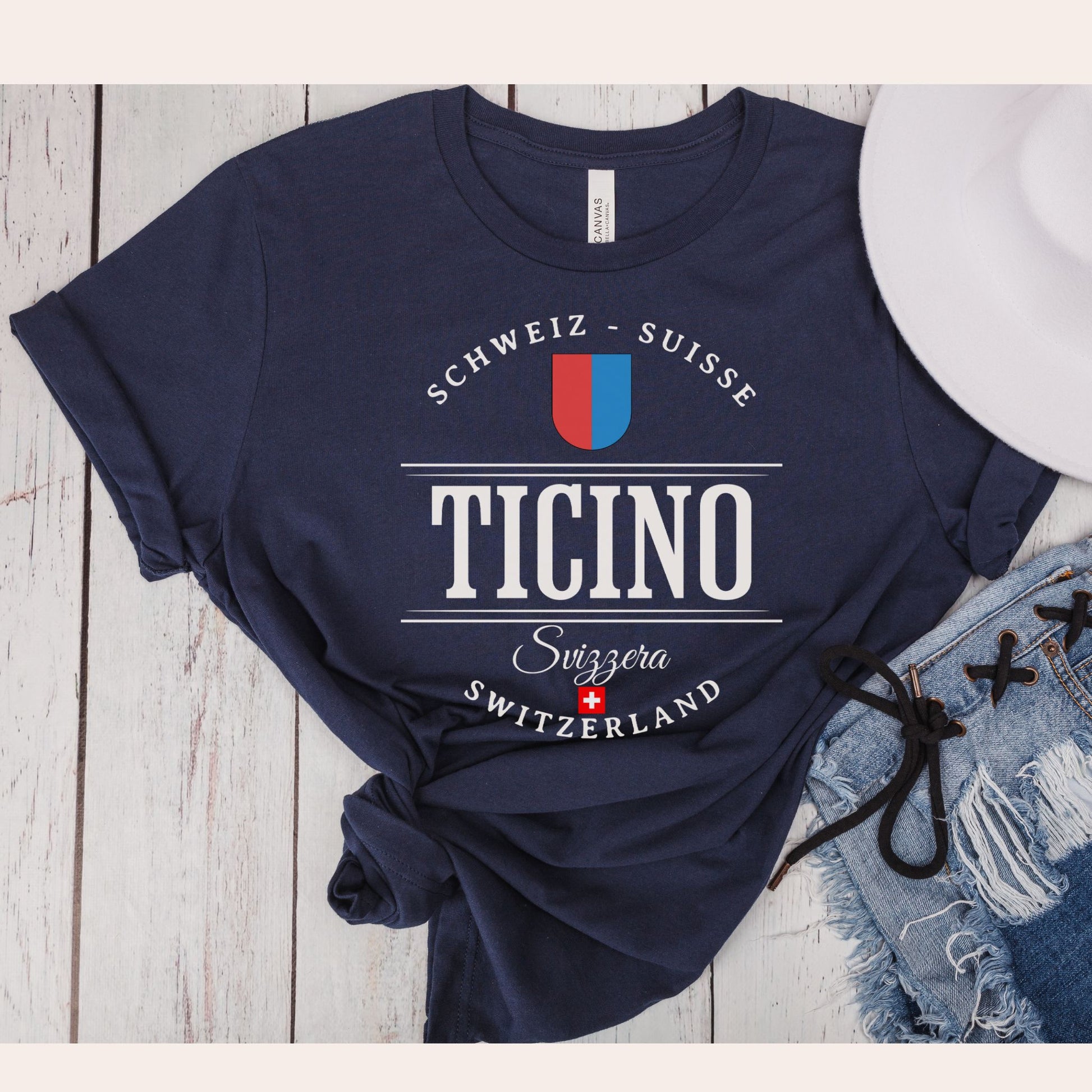 Ticino Switzerland T-shirt with Swiss emblem and text design navy