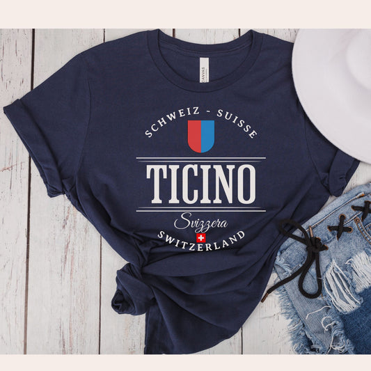 Ticino Switzerland T-shirt with Swiss emblem and text design navy