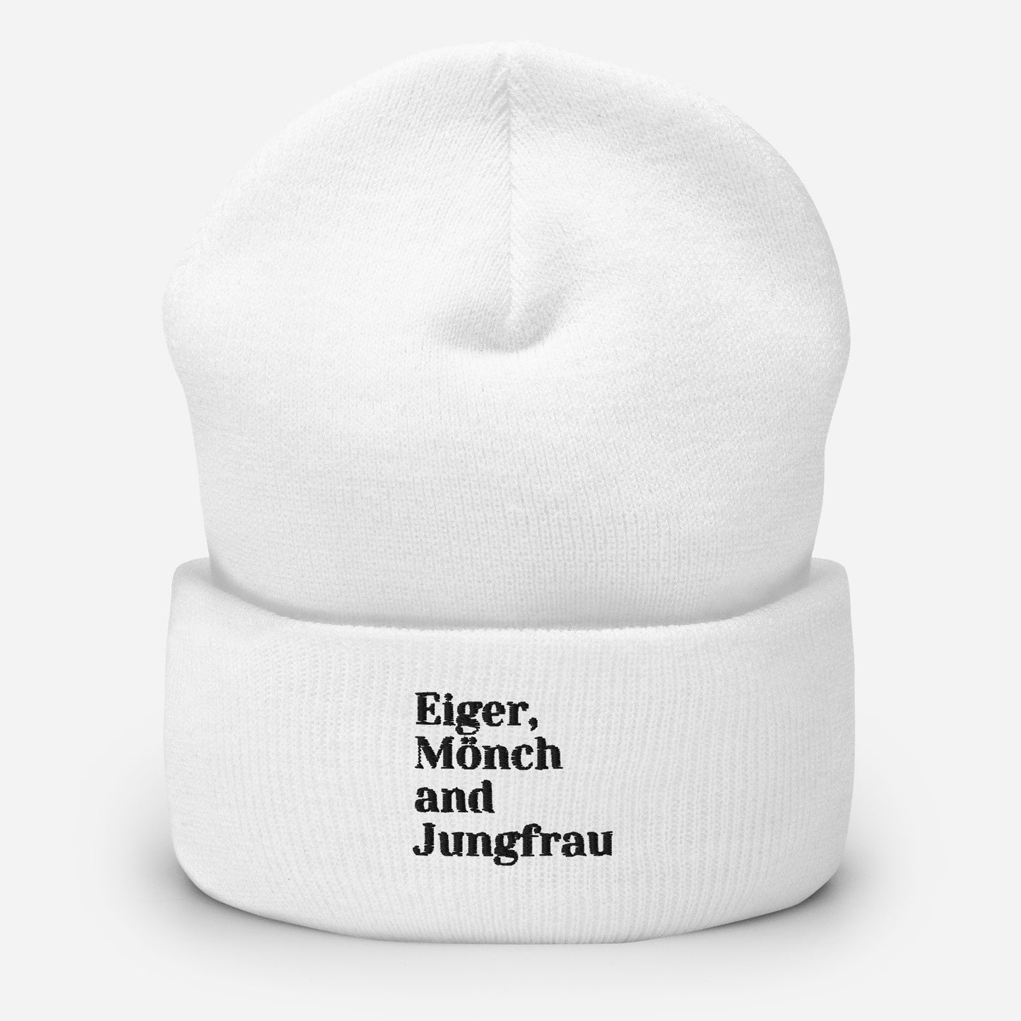 White beanie with bold text design Eiger, Mönch, and Jungfrau