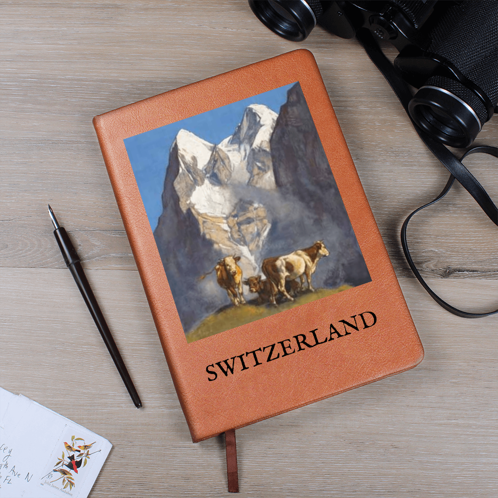 Swiss-themed vegan leather diary with alpine artwork