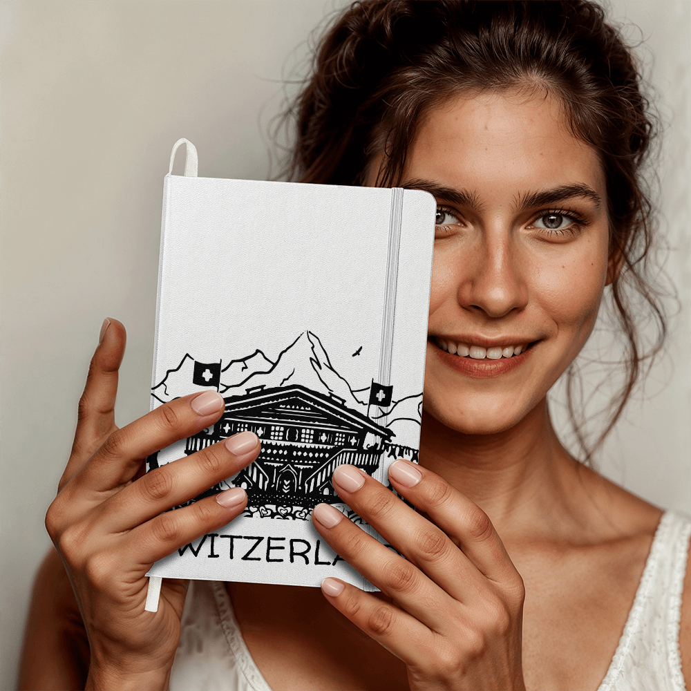 Swiss Alps inspired hardcover notebook with chalet illustration