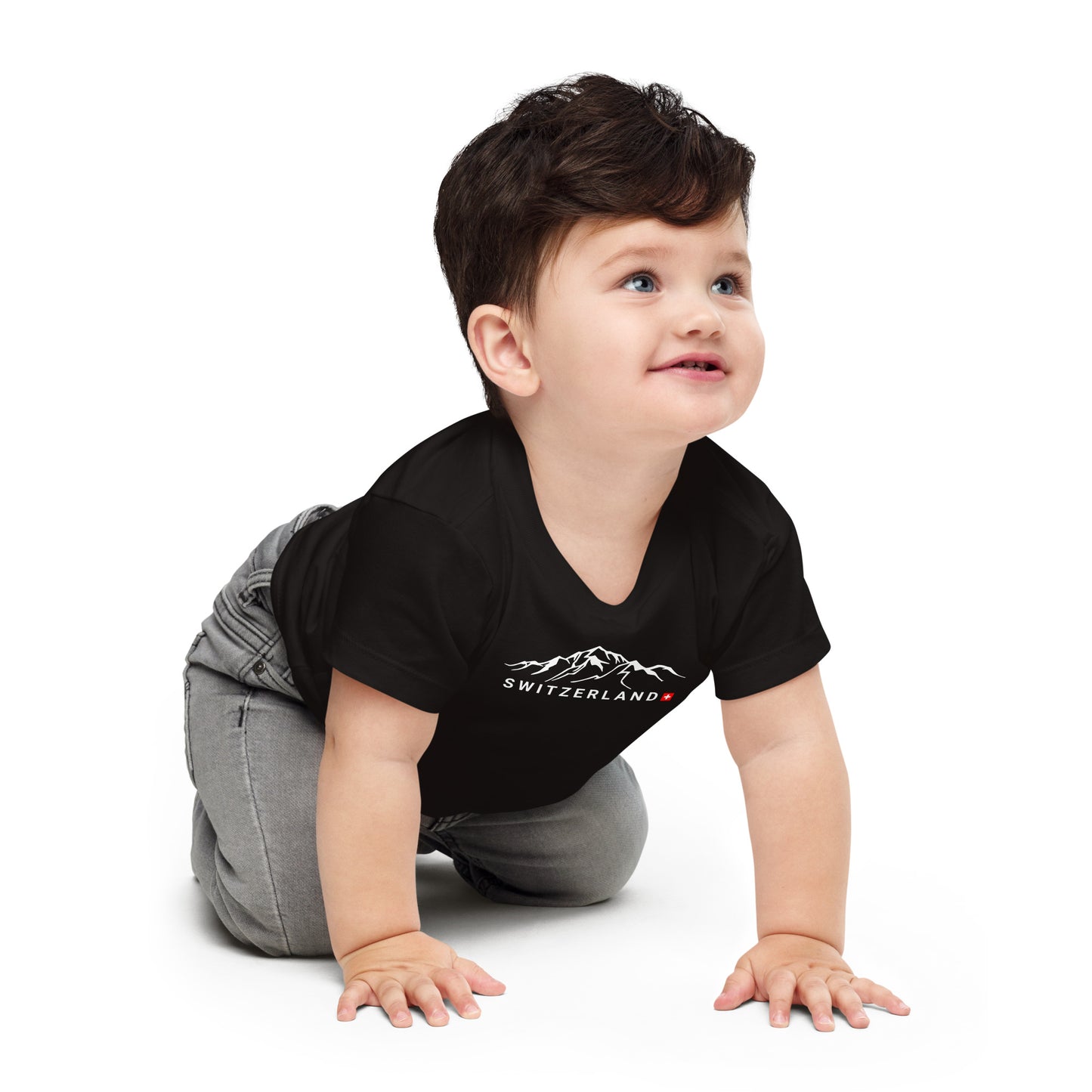 Stylish black baby shirt with white mountain badge and “Switzerland” text