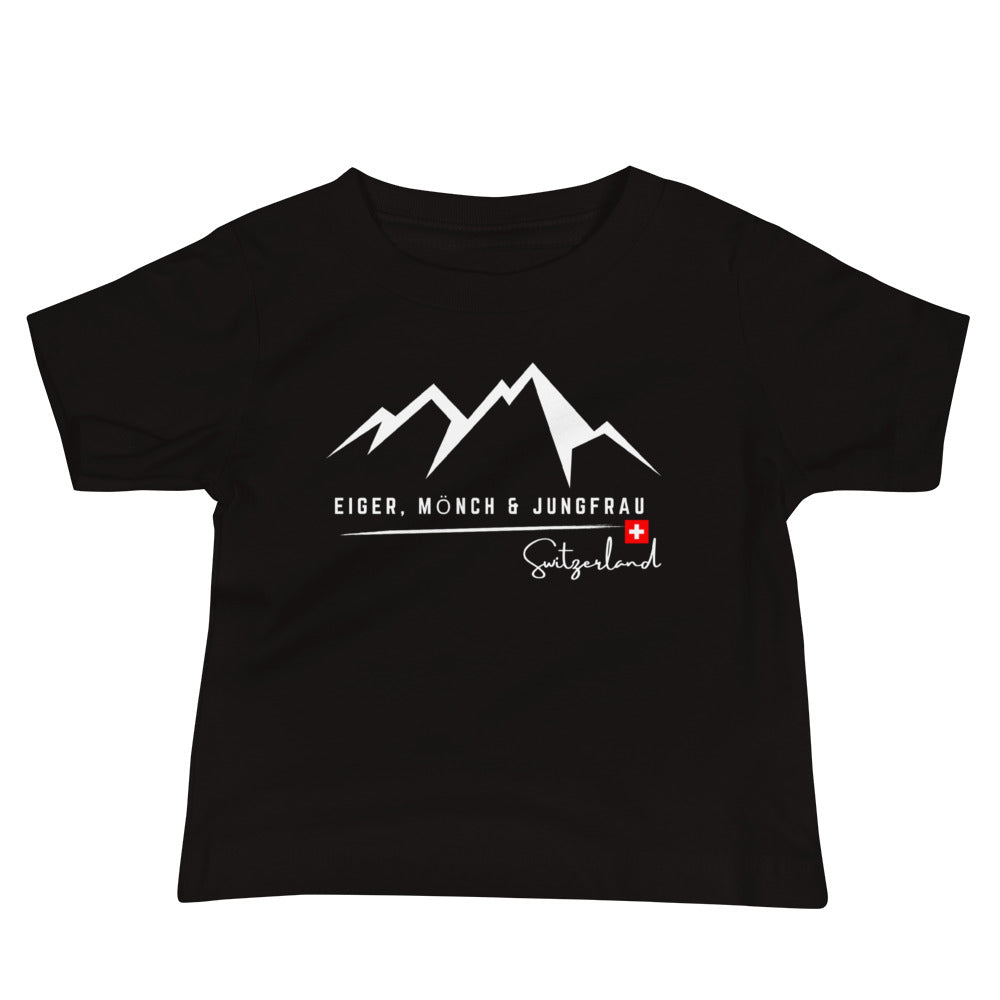 Minimalist Switzerland baby tee in black for toddlers and little adventurers