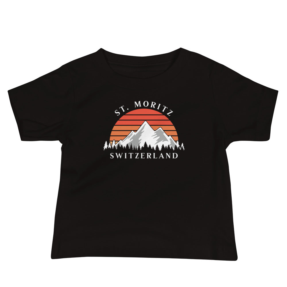 Minimalist St. Moritz baby tee in black with Alpine mountains