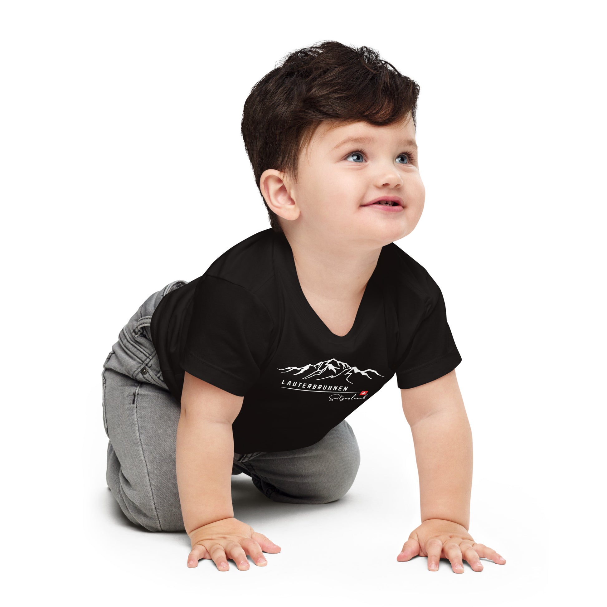 Black baby t-shirt with white Lauterbrunnen mountain line art