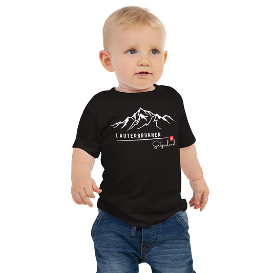 Baby wearing Lauterbrunnen Switzerland t-shirt with mountain design