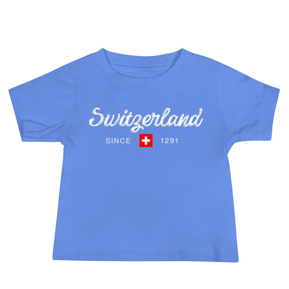 Minimalist Swiss baby shirt in black with white script and red flag.