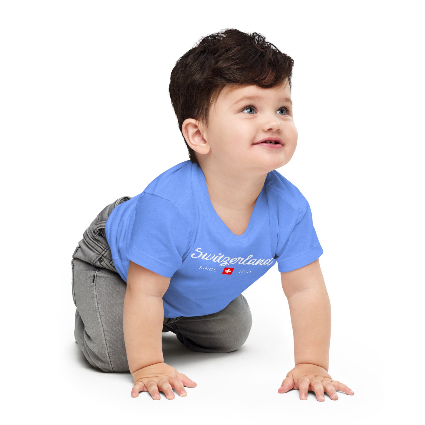 heather columbia blue "Switzerland Since 1291" baby t-shirt with Swiss flag design.