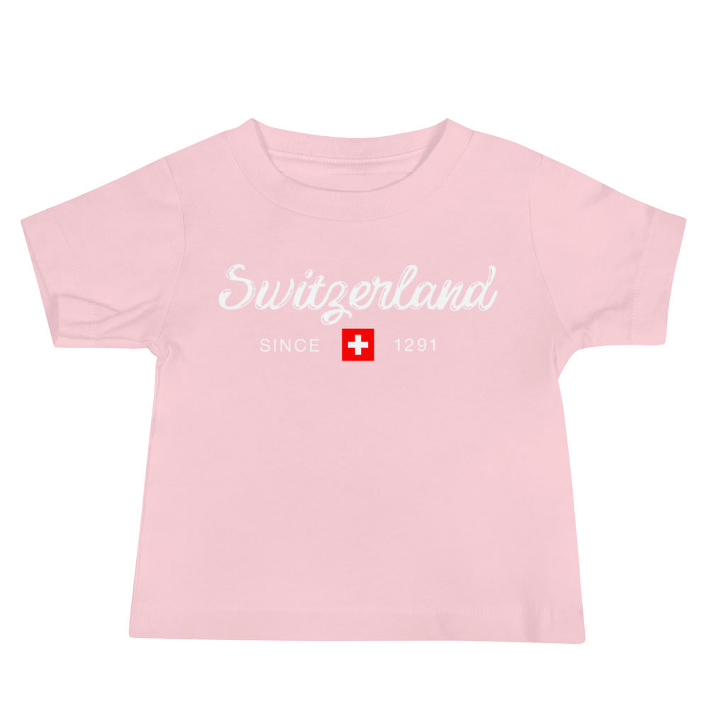 pink "Switzerland Since 1291" t-shirt with Swiss flag design.