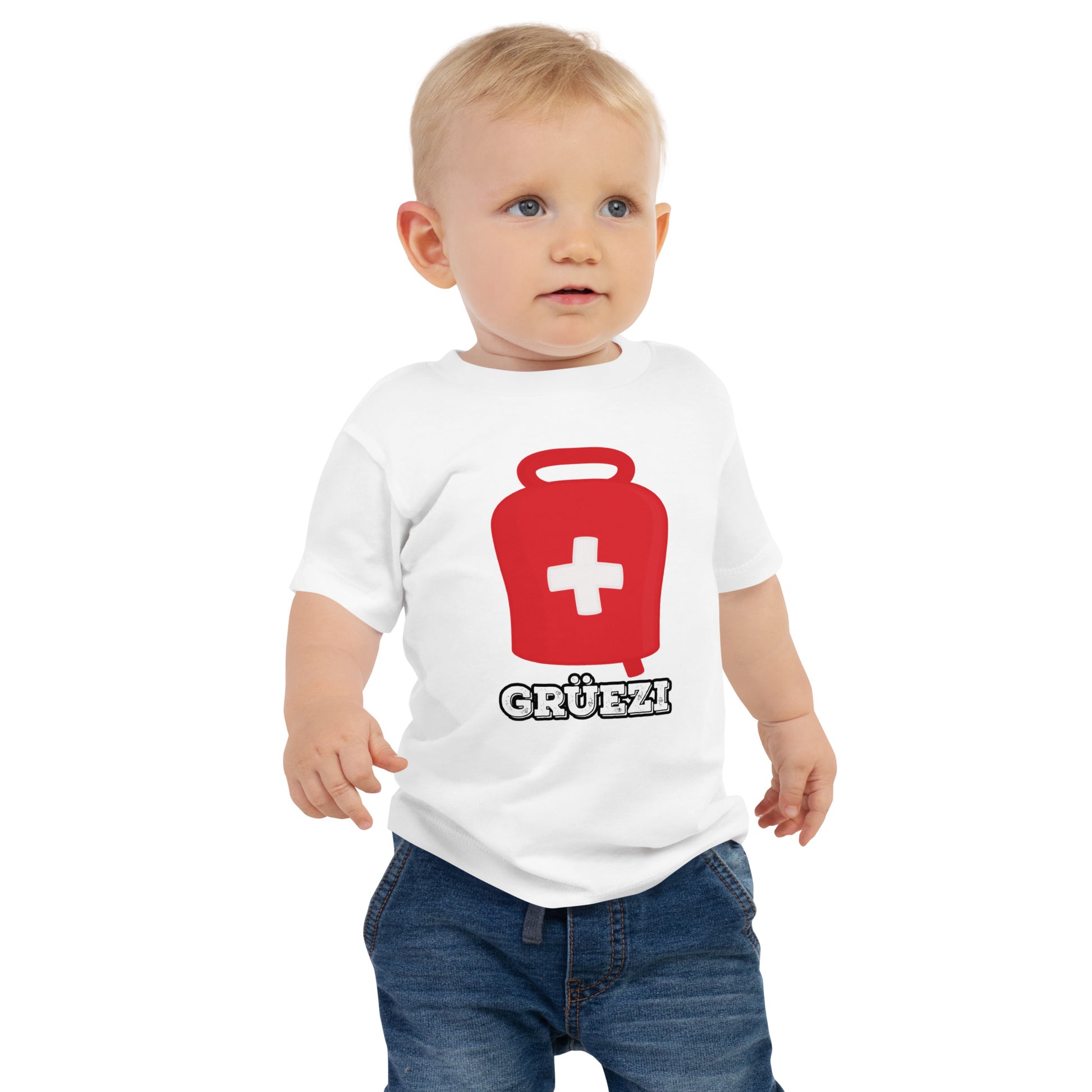 Baby t-shirt with red Swiss cowbell and “Grüezi” text
