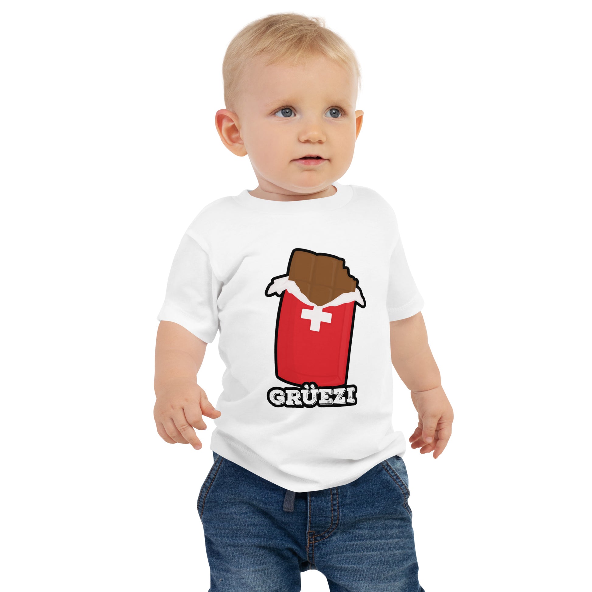 Baby t-shirt with Swiss chocolate design and Grüezi text