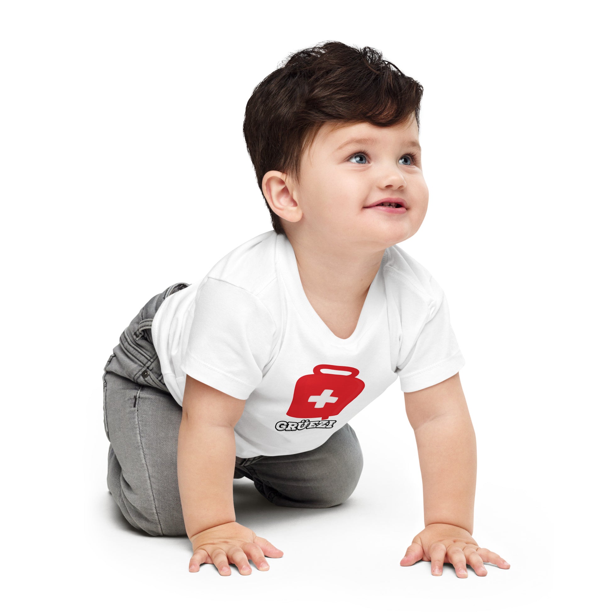 Cute white t-shirt for babies with Swiss cross and greeting