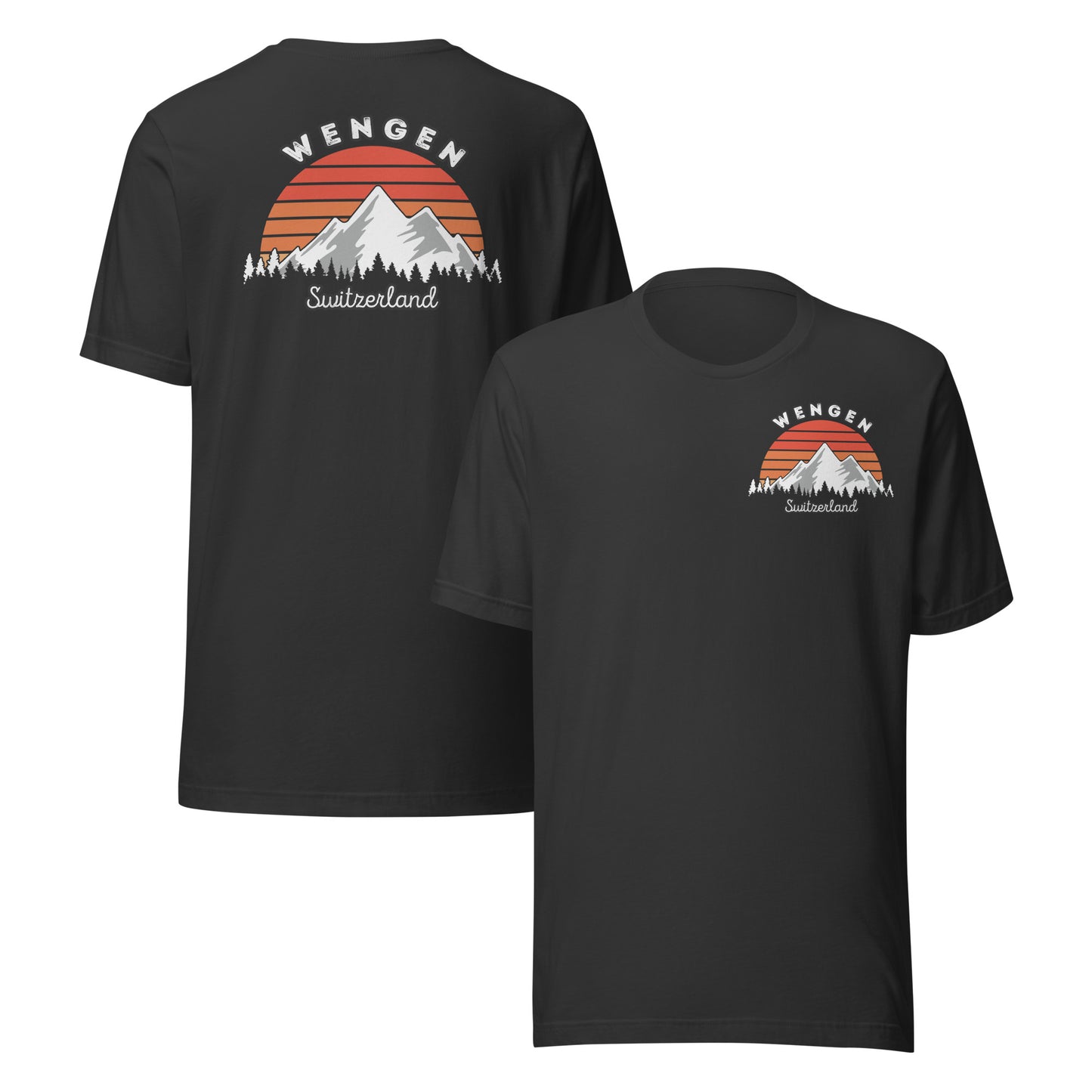 Black t-shirt featuring Wengen and mountain silhouette