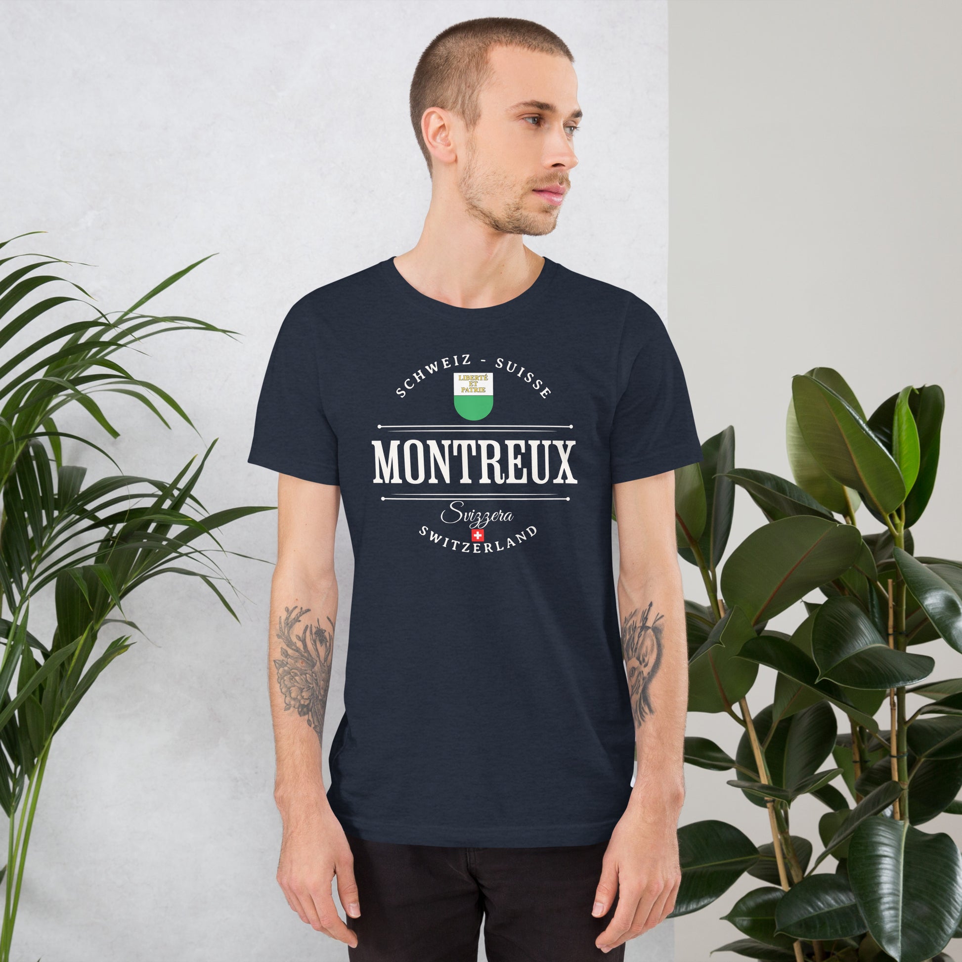 Casual look with navy Montreux Switzerland shirt, perfect for travel lovers.