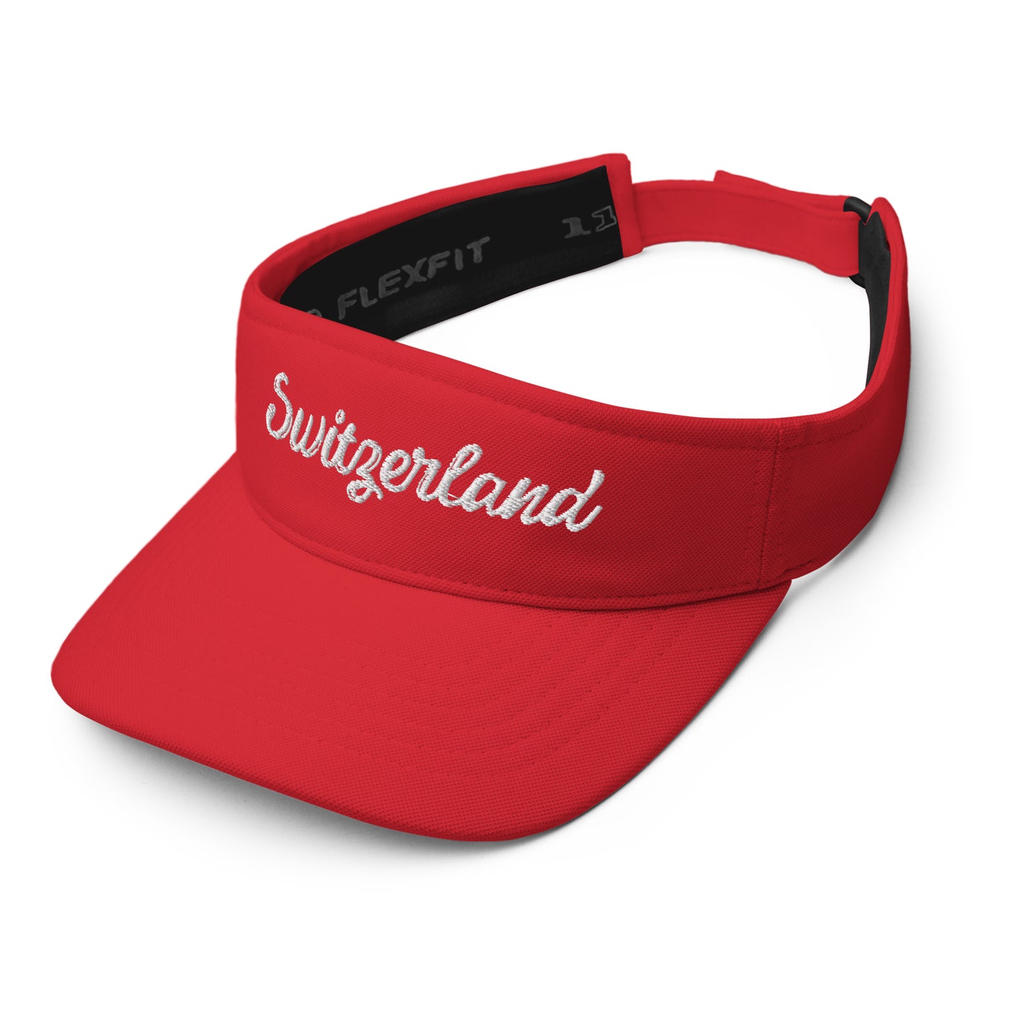 Switzerland Embroidered Visor Cap product detail shot — Swiss souvenir hat, one size fits most