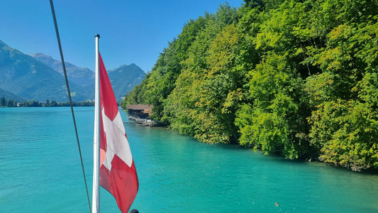 Lake Brienz turquoise blue waters surrounded by mountains and forests in the Bernese Oberland
