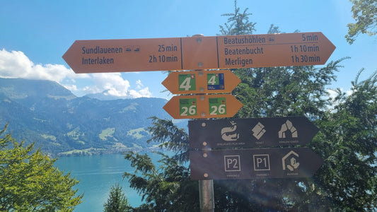 Swiss Hiking Trail Sign captured in Beatenberg overlooking beautiful Lake Thun