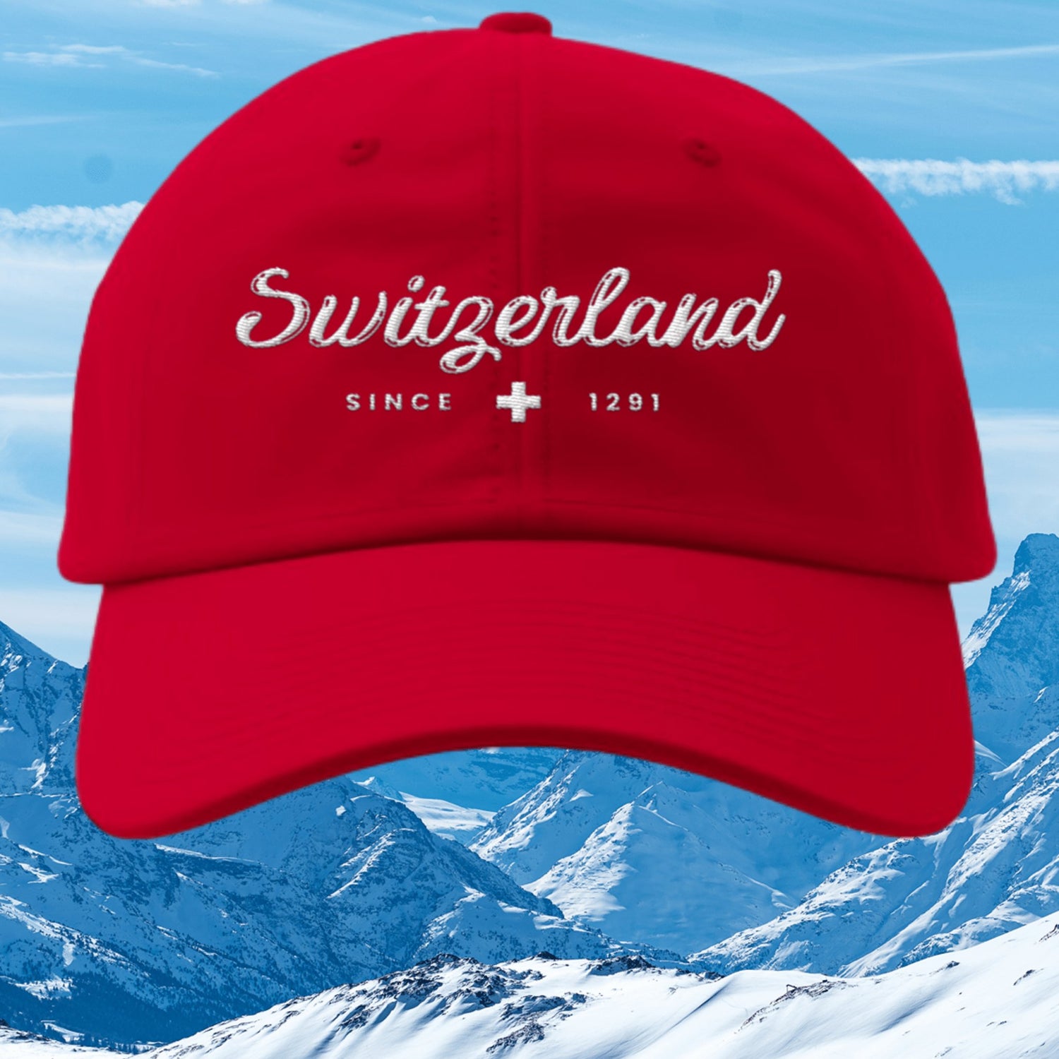 Swiss-inspired caps collection showcasing Alpine charm, trucker hats, and classic dad hats with images of Swiss peaks and landmarks