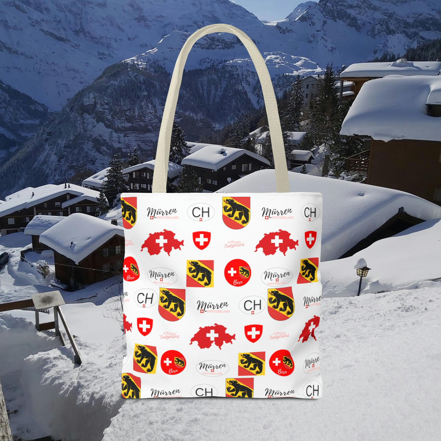 Swiss-inspired tote bags collection with retro designs featuring Swiss flags, maps, and fondue, showcasing a blend of style and culture