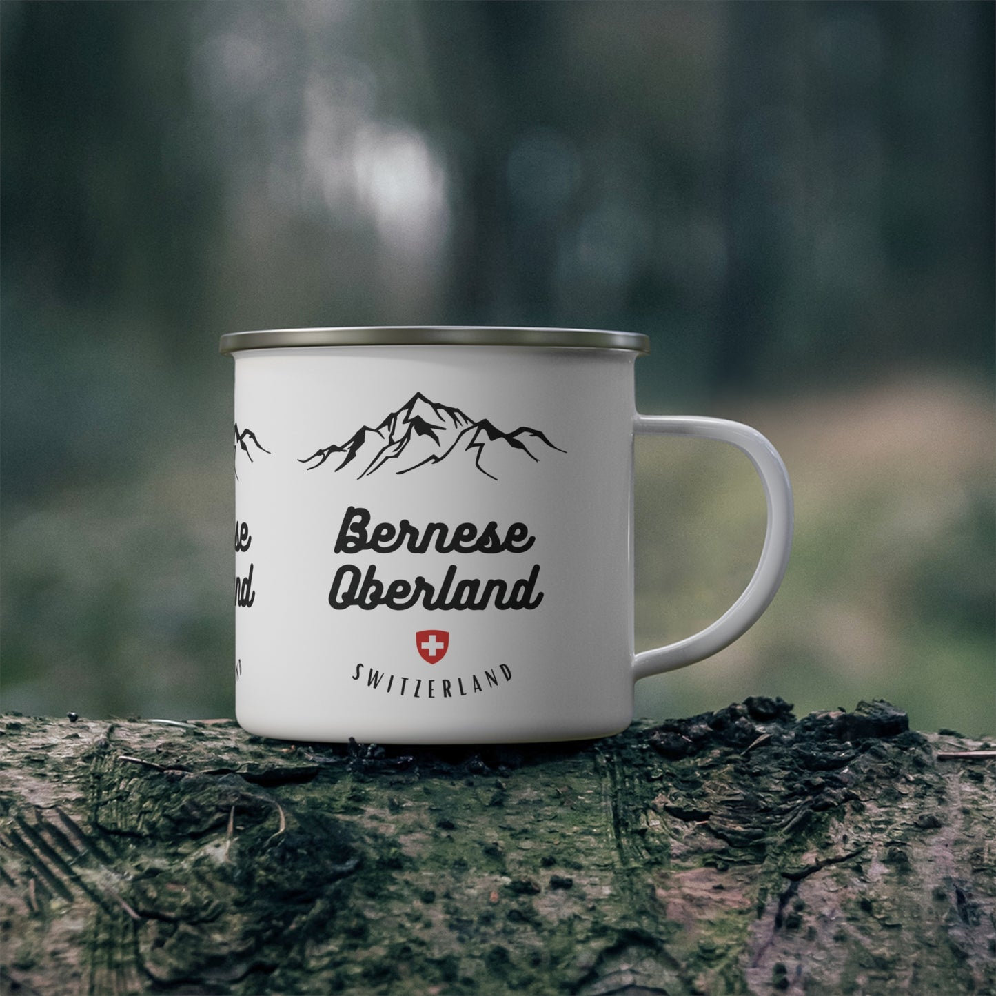 Durable enamel camping cup with authentic Berner Oberland mountain badge from Swiss Alps region