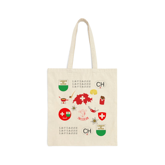 Lausanne Switzerland Travel Iconic Cotton Tote Bag - Cultural motifs on durable cotton material, ideal for Lausanne travelers & nature enthusiasts