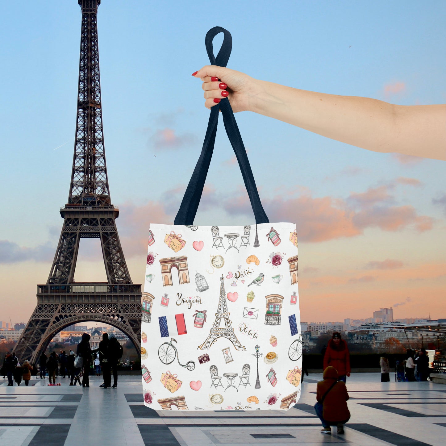 France Travel Adventures  | Chic Parisian Tote Bag: Eiffel Tower, Bistros, Macaroons & More! Perfect for Stylish Travelers! AOP