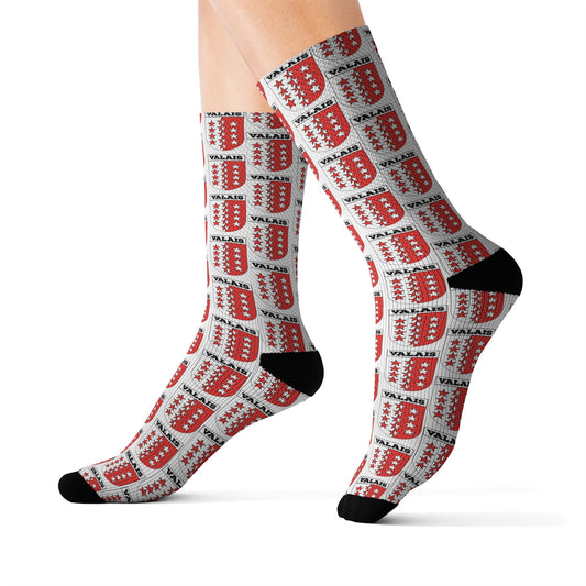 Sublimation socks featuring Swiss Canton of Valais Coat of Arms. Perfect for aficionados, tourists, and mountain lovers. Embrace Swiss heritage