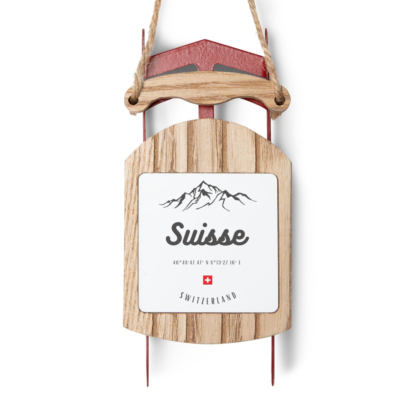 Suisse Switzerland sled ornament with mountain design and Swiss cross for Christmas tree décor