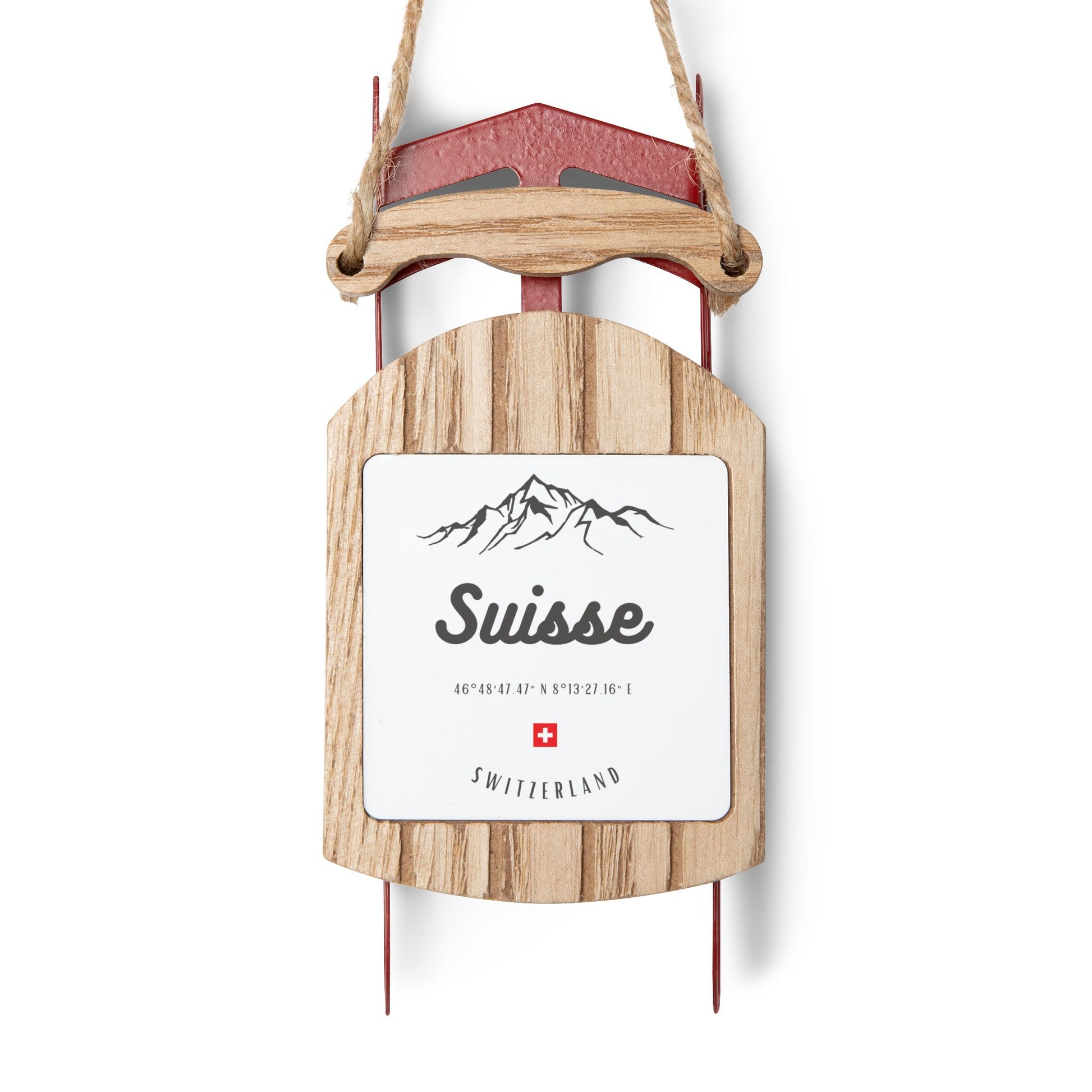 Suisse Switzerland sled ornament with mountain design and Swiss cross for Christmas tree décor